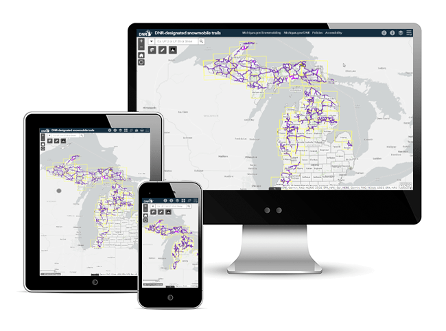 Screenshot of snowmobile interactive map on desktop, mobile and tablet
