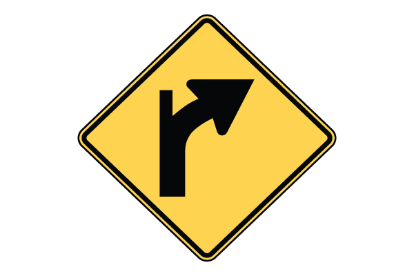 Yellow sign with black arrow pointing to the right that comes off a black vertical line