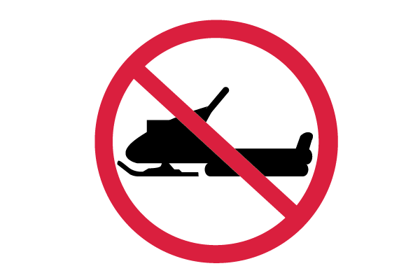 Red outlined circle with red diagonal slash on top of a black snowmobile graphic