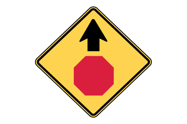 Yellow diamond-shaped sign with red octagon below a black arrow pointing up