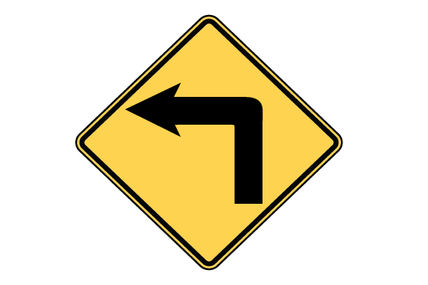 Yellow diamond-shaped sign with black arrow that goes up then turns left
