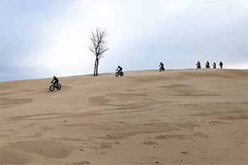 fat-tire bikers riding in a line along dune