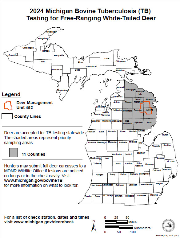 Complex map showing bovine tuberculosis testing area for 2024. For assistance with this map, please call 517-284-9453.
