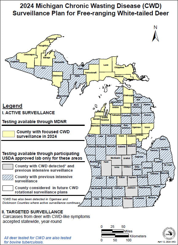 A complex map of Michigan showing 2024 CWD testing areas. For assistance with this map, please call 517-284-9453.