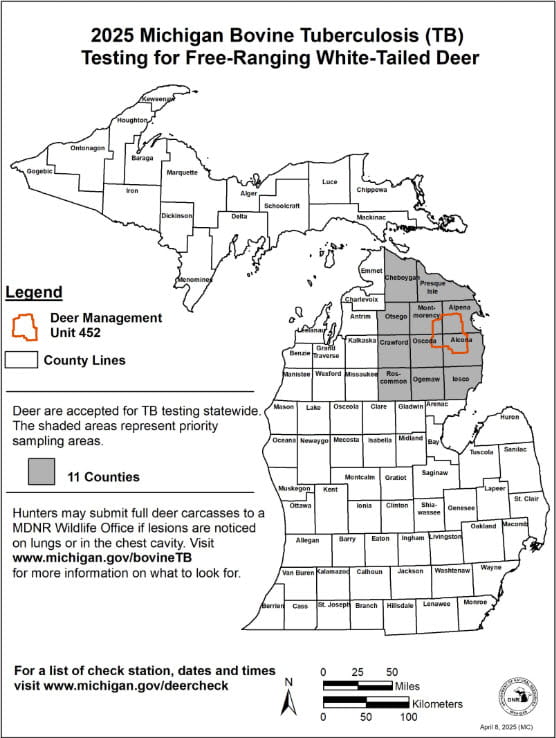 Complex map of Michigan showing bovine tuberculosis testing area for 2025. For assistance with this map, please call 517-284-9453.