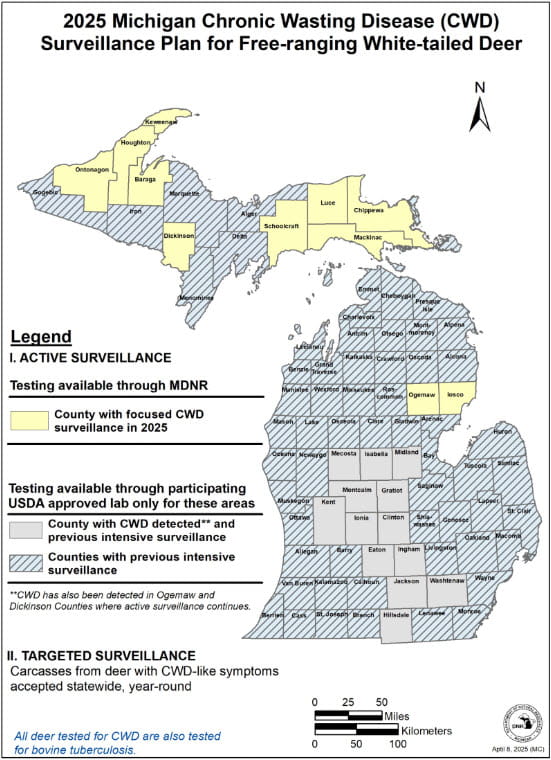 Complex map showing areas with focused CWD surveillance, primarily focused in the Upper Peninsula. For assistance, please call 517-284-9453.