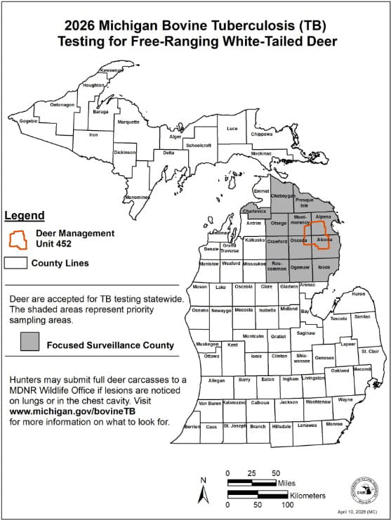 Complex map showing 2026 bovine tuberculosis testing areas in Michigan. For assistance, please call 517-284-9453.