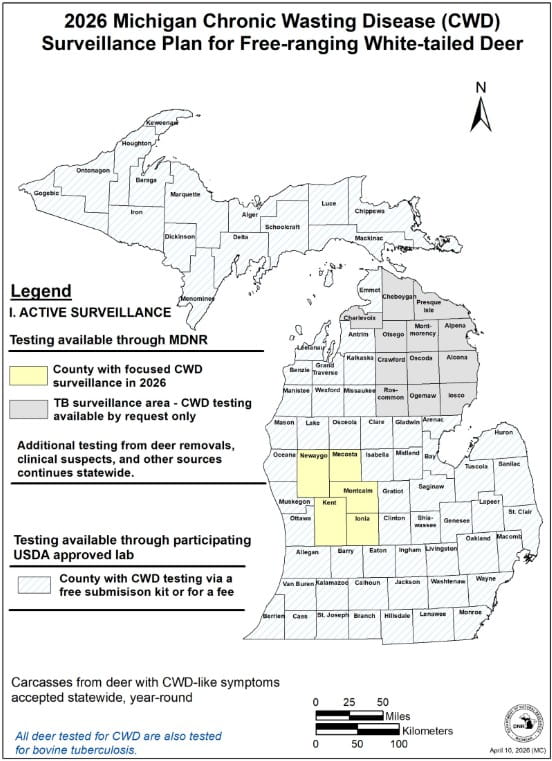 Complex map showing 2026 CWD testing areas in Michigan. For assistance, please call 517-284-9453.