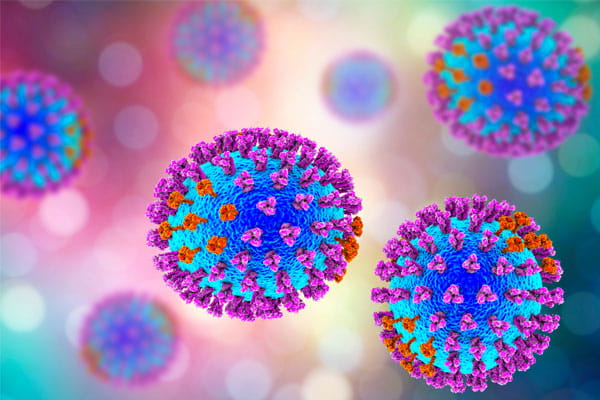 Colorful rendering of a flu virus.