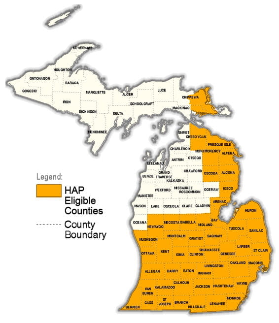 Map showing counties in Michigan where properties are eligible for Hunting Access Program enrollment. 