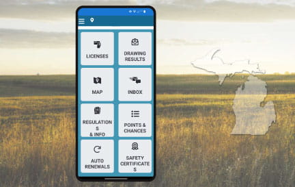 sunny field in background with white transparent michigan outline and image of hunt fish app in foreground