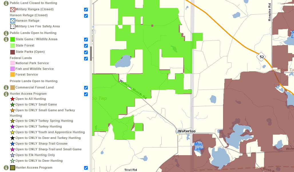 Image of the Mi-Hunt hunting lands locator screen.
