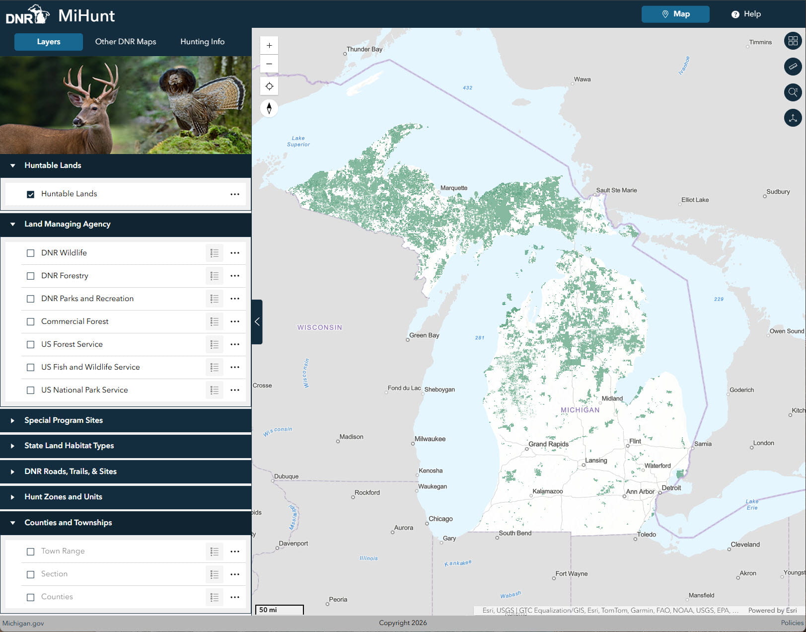 Image of the Mi-Hunt hunting lands locator screen.