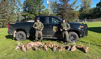 Image of conservations officers with illegally harvested deer. 