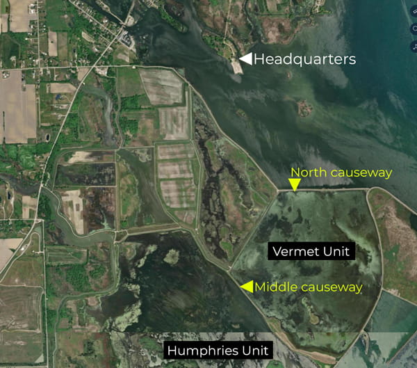 Complex map showing alternate unit access by boat at the Pointe Mouillee State Game Area. For assistance with this map, please call 517-284-9453.