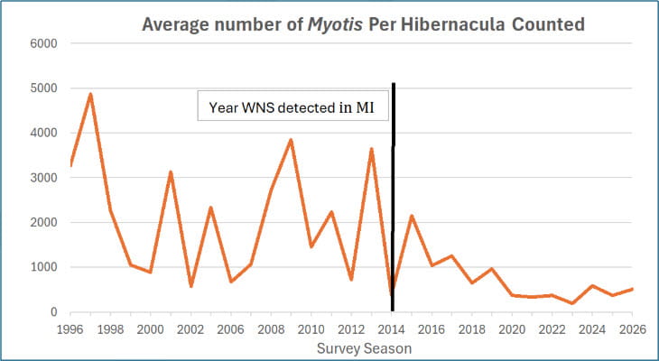 The average number of Myotis (Myotis include little brown bats and northern long-eared bats) species of bats counted per year in Michigan. White-nose syndrome (WNS was discovered in Michigan in 2014. The chart shows a reduction over time from a high of 5000 to a low of around 500.