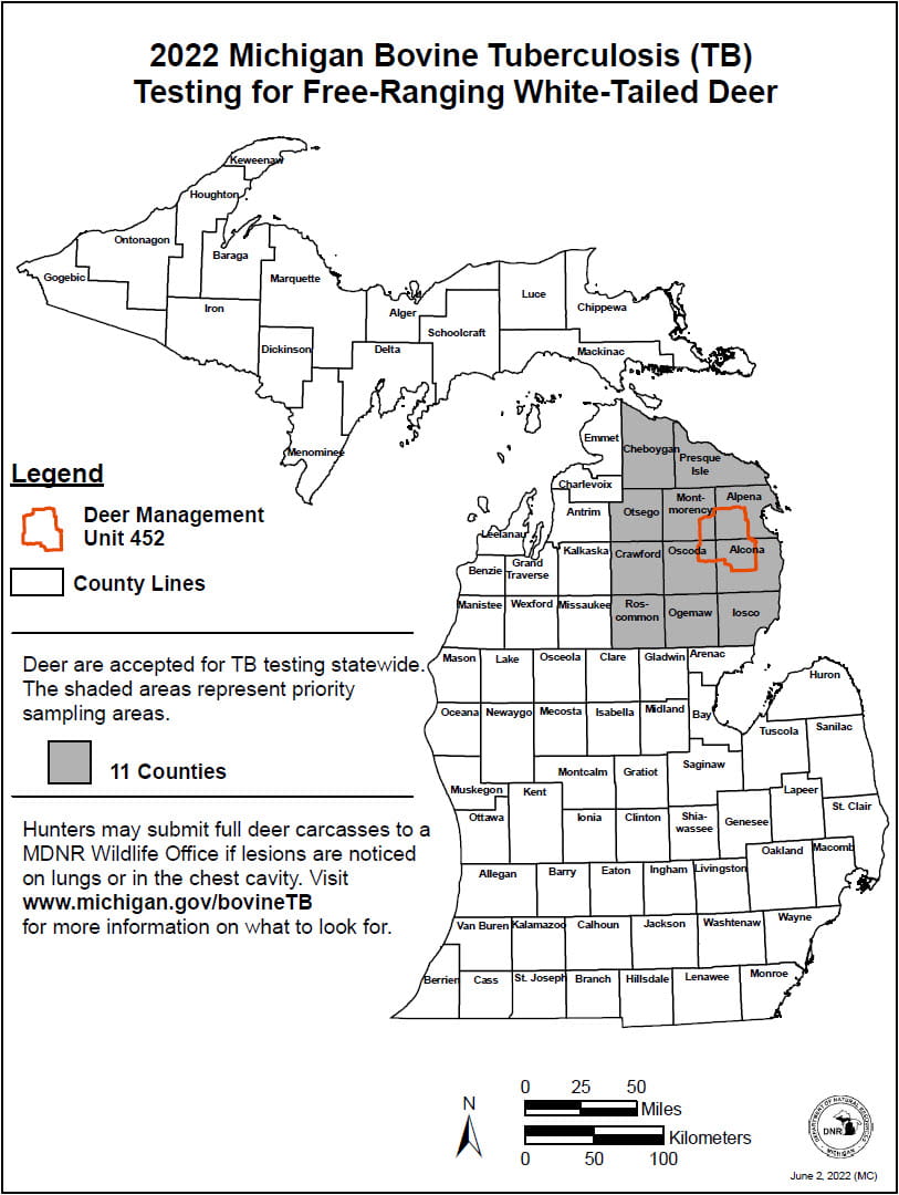 Complex map of Michigan showing various bovine tb monitoring and testing areas in the Northern Lower Peninsula. For assistance, please call 517-284-9453. 