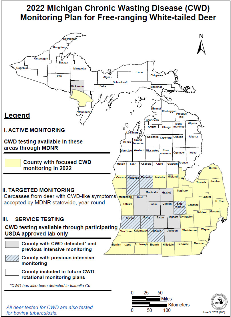 Complex map of Michigan showing various CWD monitoring and testing locations, as well as monitoring history. For assistance, please call 517-284-9453. 