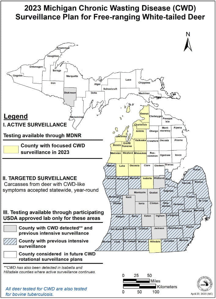Complex map of Michigan showing various CWD monitoring and testing locations, as well as monitoring history. For assistance, please call 517-284-9453. 