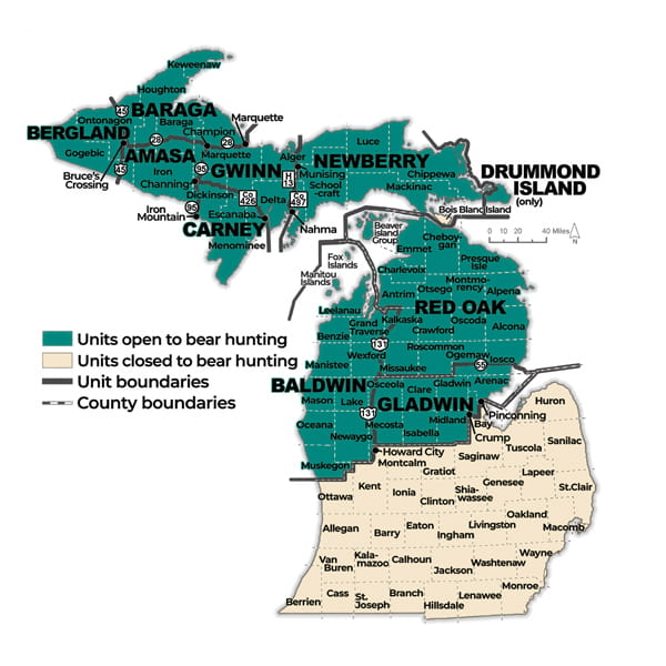 Complex regulatory map showing units open to bear hunting in Michigan. For assistance, please call 517-284-9453, or see the Wildlife Conservation Order at Michigan.gov/DNRLaws for a written description of boundaries.