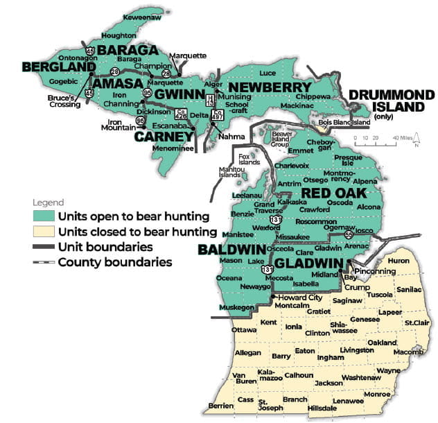 Complex regulatory map showing units open to bear hunting in Michigan. For assistance, please call 517-284-9453, or see the Wildlife Conservation Order at Michigan.gov/DNRLaws for a written description of boundaries.