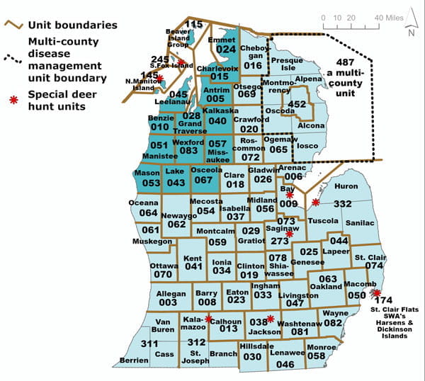 Complex regulatory map showing deer management units in the Lower Peninsula. To be used in combination with the color coded chart to identify antler point restrictions. For assistance, please call 517-284-9453 or see written description in the Wildlife Conservation Order available at Michigan.gov/DNRLaws.