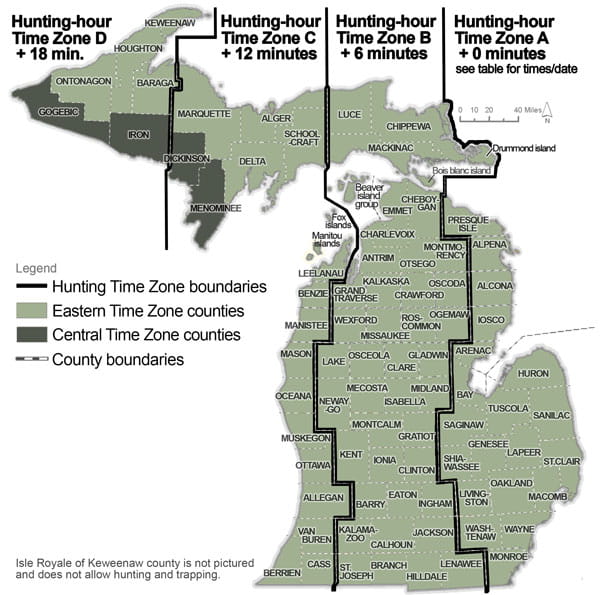 Un mapa complejo de las zonas horarias de caza de aves acuáticas en Michigan. Para solicitar asistencia, llame al 517-284-9453 o vea las descripciones por escrito en la orden de conservación de vida silvestre disponible en Michigan.gov/DNRLaws. 