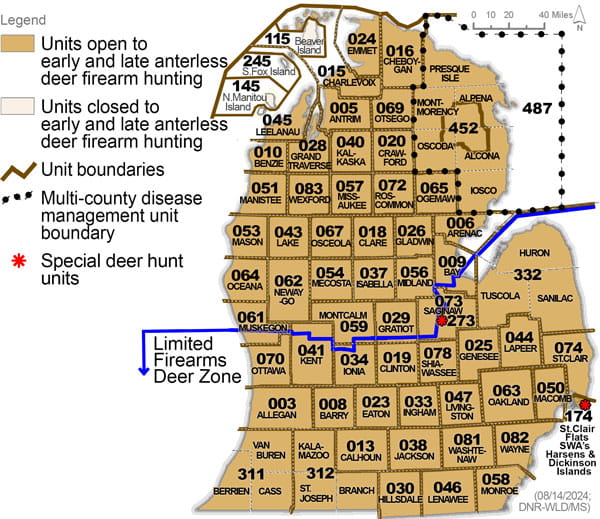Complex regulatory map showing deer management units open to antlerless firearm hunting during the early and late season. For assistance, please call 517-284-9453 or see written description in the Wildlife Conservation Order available at Michigan.gov/DNRLaws. 