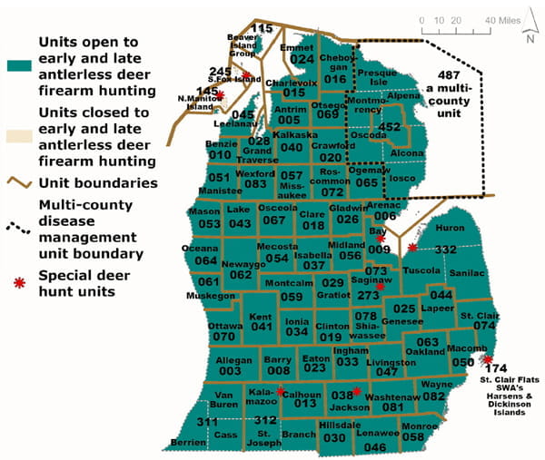 Complex regulatory map showing deer management units open to antlerless firearm hunting during the early and late season. For assistance, please call 517-284-9453 or see written description in the Wildlife Conservation Order available at Michigan.gov/DNRLaws.