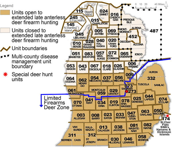 Complex regulatory map showing deer management units open to antlerless firearm hunting during the extended late antlerless deer season. For assistance, please call 517-284-9453 or see written description in the Wildlife Conservation Order available at Michigan.gov/DNRLaws.