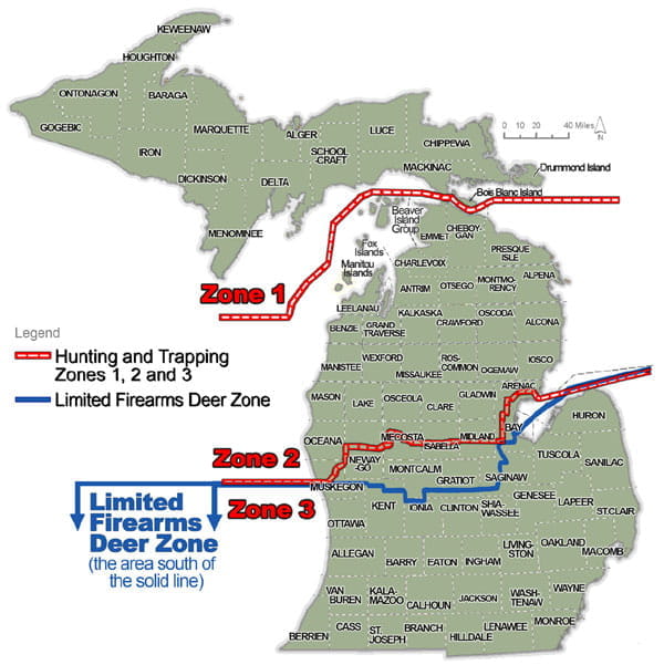 Mapa regulatorio complejo de Michigan que muestras las fronteras de las zonas 1, 2 y 3, así como las fronteras de la zona de caza limitada de venados con armas de fuego 