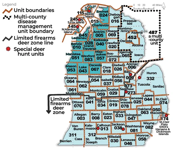 Complex regulatory map showing deer management units in the Lower Peninsula. To be used in combination with the color coded chart to identify antler point restrictions. For assistance, please call 517-284-9453 or see written description in the Wildlife Conservation Order available at Michigan.gov/DNRLaws.