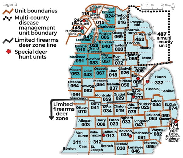 Complex regulatory map showing deer management units in the Lower Peninsula. To be used in combination with the color coded chart to identify antler point restrictions. For assistance, please call 517-284-9453 or see written description in the Wildlife Conservation Order available at Michigan.gov/DNRLaws.