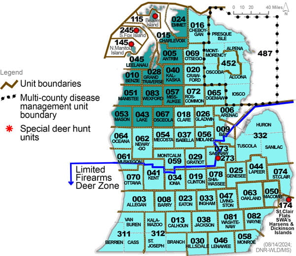 Complex regulatory map showing deer management units in the Lower Peninsula. To be used in combination with the color coded chart to identify antler point restrictions. For assistance, please call 517-284-9453 or see written description in the Wildlife Conservation Order available at Michigan.gov/DNRLaws.