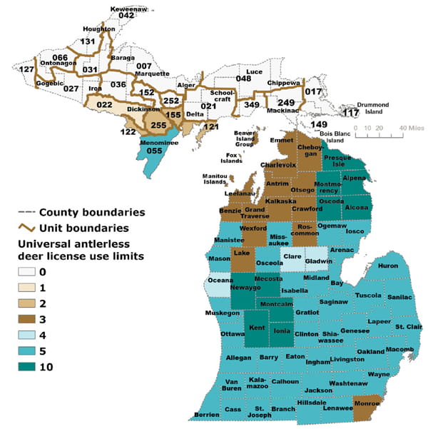 Map showing universal antlerless deer license use limits, with an Upper Peninsula inset and the Lower Peninsula shaded by county. A legend gives shading for use limits of 0, 1, 2, 3, 4, 5 and 10 licenses. Counties and DMUs are shaded according to the maximum number of universal antlerless deer licenses an individual may use in that area. County boundaries and unit boundaries are also marked.
