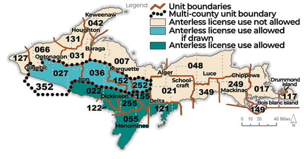 Complex regulatory map showing antlerless deer management units in the Upper Peninsula. For assistance, please call 517-284-9453 or see written description in the Wildlife Conservation Order available at Michigan.gov/DNRLaws.