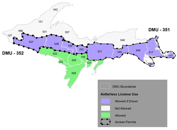 Complex regulatory map showing antlerless deer management units in the Upper Peninsula. For assistance, please call 517-284-9453 or see written description in the Wildlife Conservation Order available at Michigan.gov/DNRLaws.