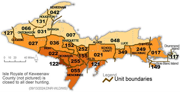 Complex regulatory map showing deer management units in the Upper Peninsula. To be used in combination with the color coded chart to identify antler point restrictions. For assistance, please call 517-284-9453 or see written description in the Wildlife Conservation Order available at Michigan.gov/DNRLaws.