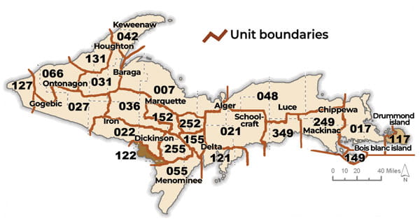 Complex regulatory map showing deer management units in the Upper Peninsula. To be used in combination with the color coded chart to identify antler point restrictions. For assistance, please call 517-284-9453 or see written description in the Wildlife Conservation Order available at Michigan.gov/DNRLaws.