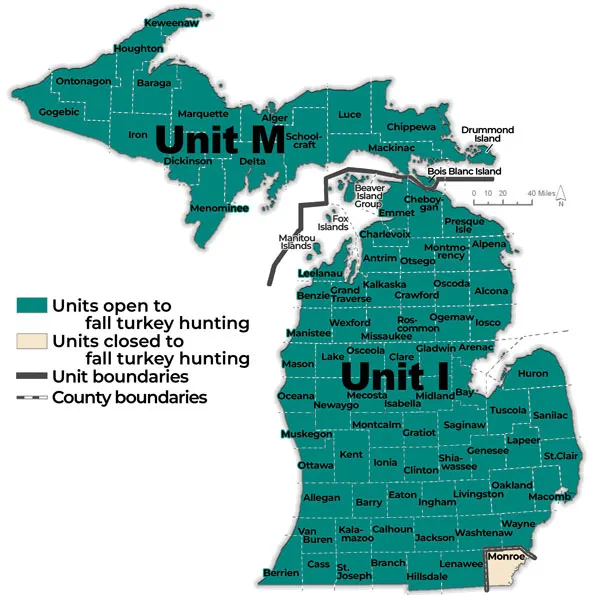 Complex map showing fall turkey management unit boundaries. For assistance call 517-284-9453. A written description of boundaries can be found in the Wildlife Conservation Order at Michigan.gov/DNRLaws.
