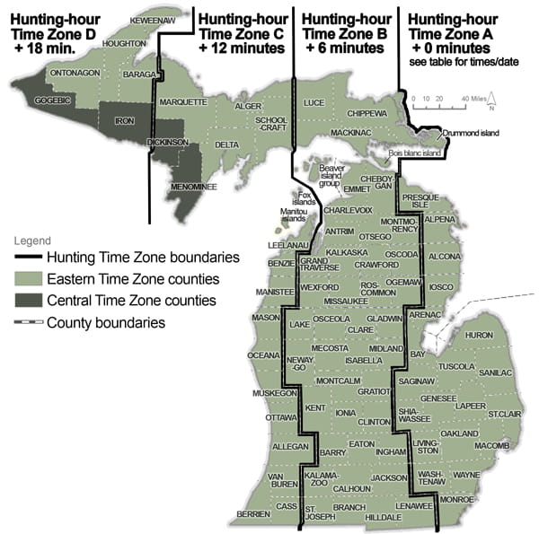 Complex map showing hunting time zones in Michigan. For assistance, please call 517-284-9453. 
