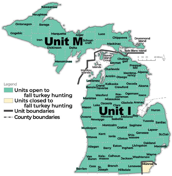 Complex map showing fall turkey management unit boundaries. For assistance call 517-284-9453. A written description of boundaries can be found in the Wildlife Conservation Order at Michigan.gov/DNRLaws. 