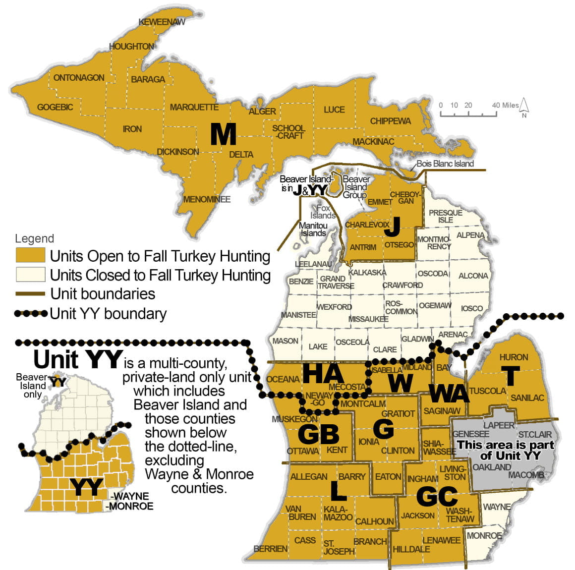 Complex map showing fall turkey management unit boundaries. For assistance call 517-284-9453. A written description of boundaries can be found in the Wildlife Conservation Order at Michigan.gov/DNRLaws. 