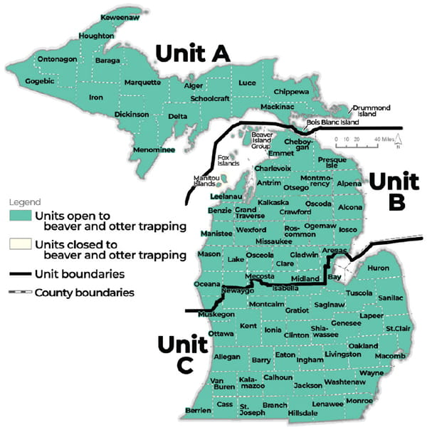 Complex regulatory map showing units open to beaver hunting and the boundary lines of each unit. For assistance call 517-284-9453. A written description of boundary lines is available in the Wildlife Conservation Order at Michigan.gov/DNRLaws