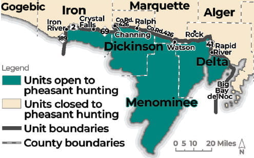 Complex regulatory map showing areas open to pheasant hunting in the Upper Peninsula. For assistance, please call 517-284-9453 or check the written description boundaries in the Wildlife Conservation Order available at Michigan.gov/DNRLaws.