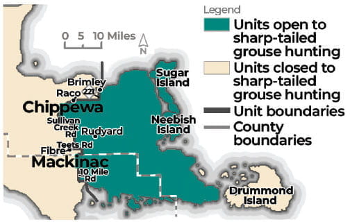 Complex regulatory map showing areas open to sharp-tailed grouse hunting in the Upper Peninsula. For assistance, please call 517-284-9453 or check the written description boundaries in the Wildlife Conservation Order available at Michigan.gov/DNRLaws.