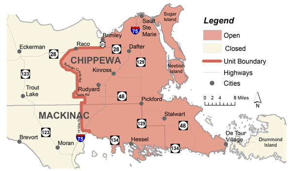 Complex regulatory map showing areas open to sharp-tailed grouse hunting in the Upper Peninsula. For assistance, please call 517-284-9453 or check the written description boundaries in the Wildlife Conservation Order available at Michigan.gov/DNRLaws.
