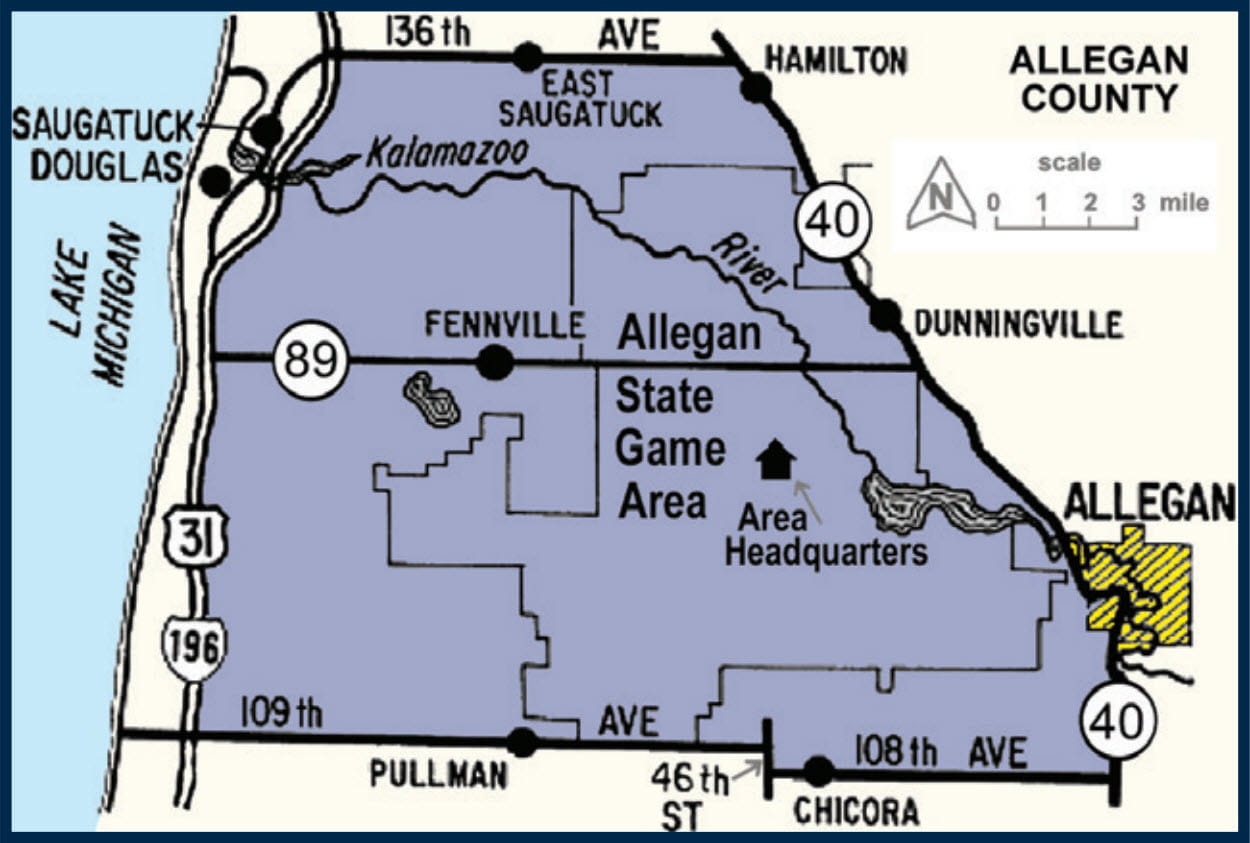 A complex map of the Allegan Goose Management Unit. For assistance, please call 517-284-9453 or see written descriptions in the Wildlife Conservation Order available at Michigan.gov/DNRLaws. 