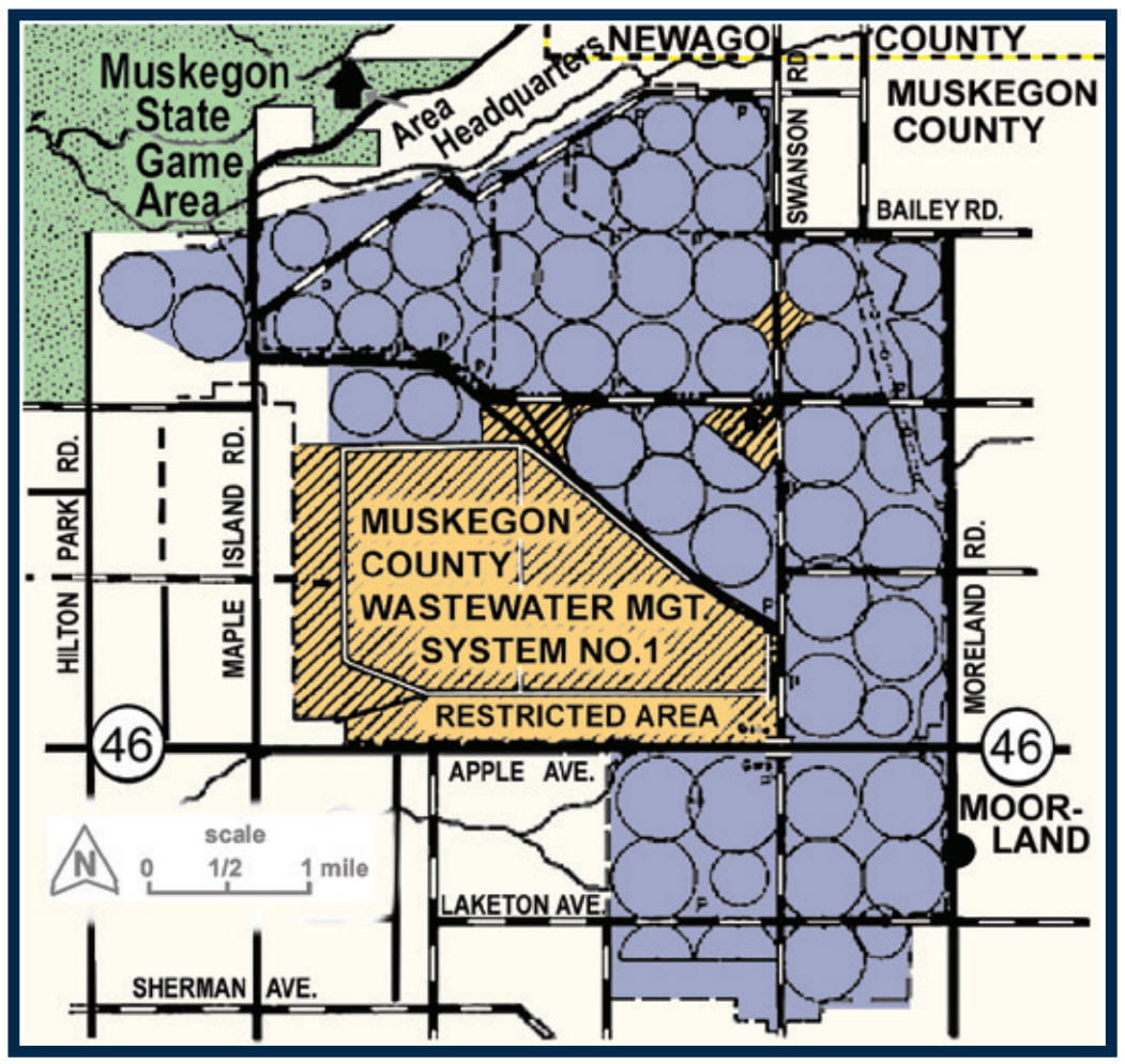 A complex map of the Muskegon Resource Recovery Goose Management Unit. For assistance, please call 517-284-9453 or see written descriptions in the Wildlife Conservation Order available at Michigan.gov/DNRLaws. 