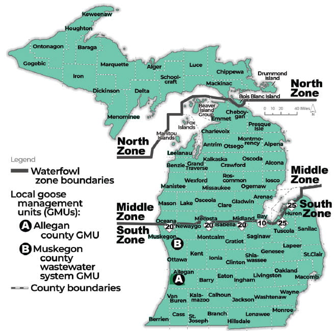 A complex map of Michigan waterfowl shooting hour zones. For assistance, please call 517-284-9453 or see written descriptions in the Wildlife Conservation Order available at Michigan.gov/DNRLaws. 